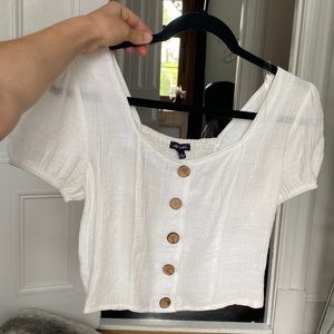 white linen/woven look top with stretch back